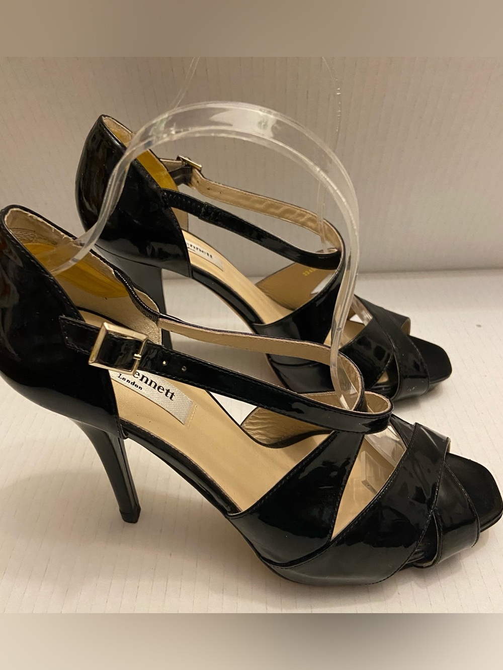 LK Bennett London Sandy Black Patent Leather Strappy Stiletto Peep-Toe Heels.